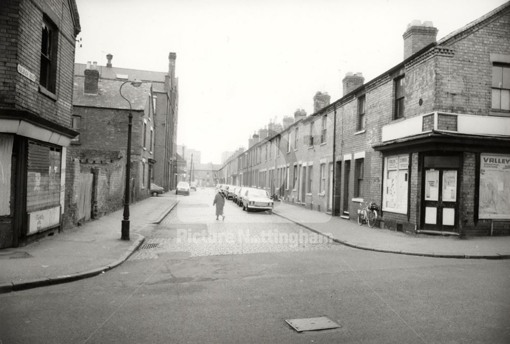 Dulwich Road taken from Denman Street, Radford, Nottingham, 1976