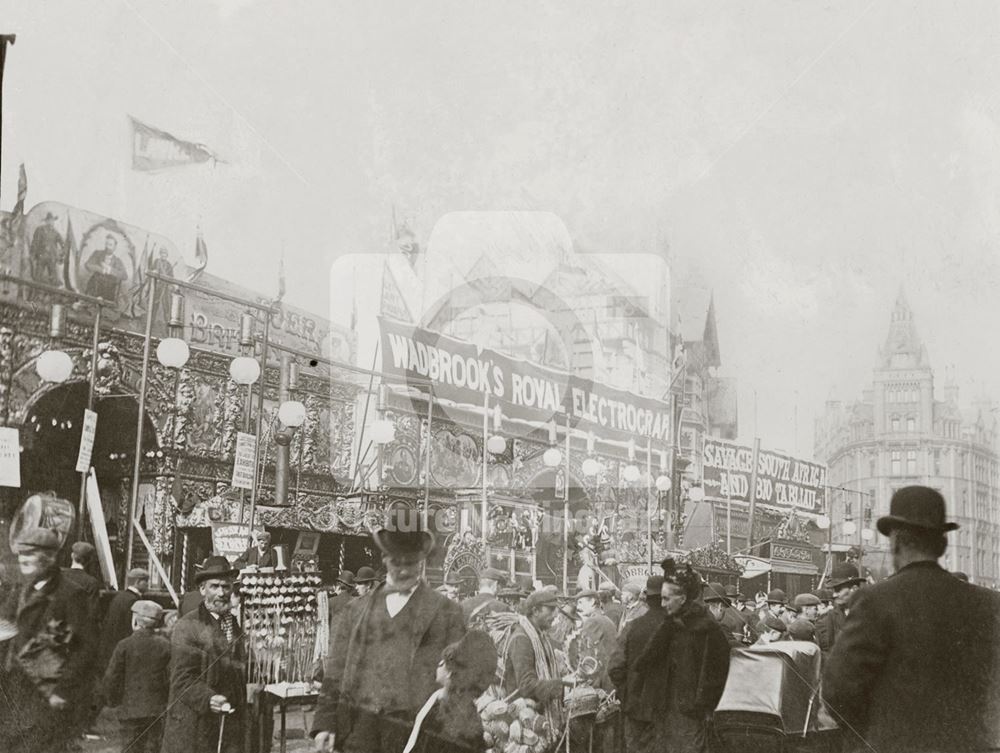 Goose Fair, Market Place , Sideshows showing news events 1899