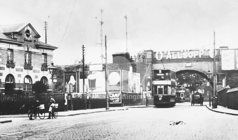 Railway bridge and Basford Public Baths, Vernon Road, Basford, Nottingham, 1923