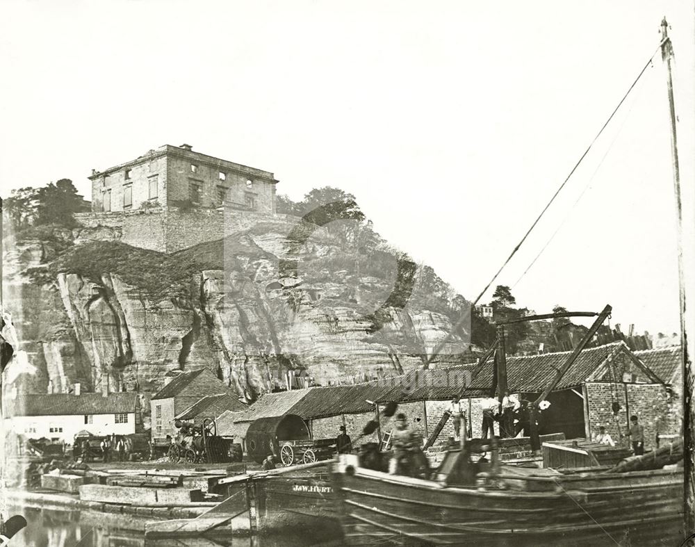 Nottingham Castle before restoration, Showing boats on The River Leen c1870