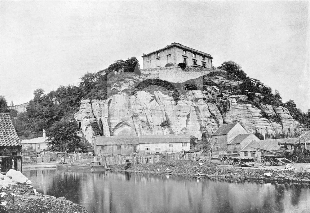 Nottingham Castle before restoration, Showing Gordons Wharf at a basin on the Nottingham Canal c1865