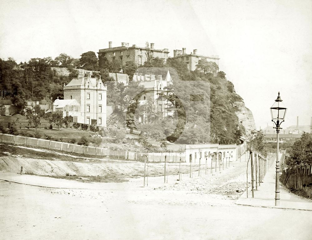 Nottingham Castle before restoration, and Peveril Drive and The Park, as yet un-developed c1865