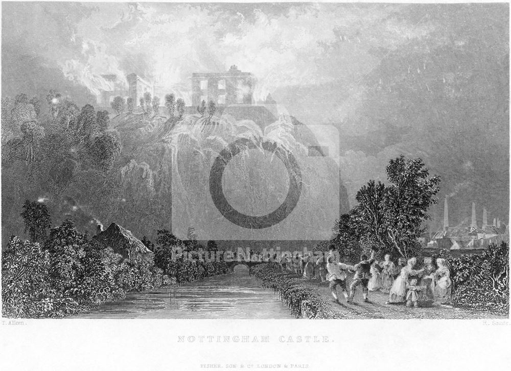 Nottingham Castle on Fire 1831, viewed from the west by the River Leen