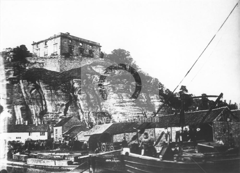 Nottingham Castle before restoration, Showing The River Leen c1870