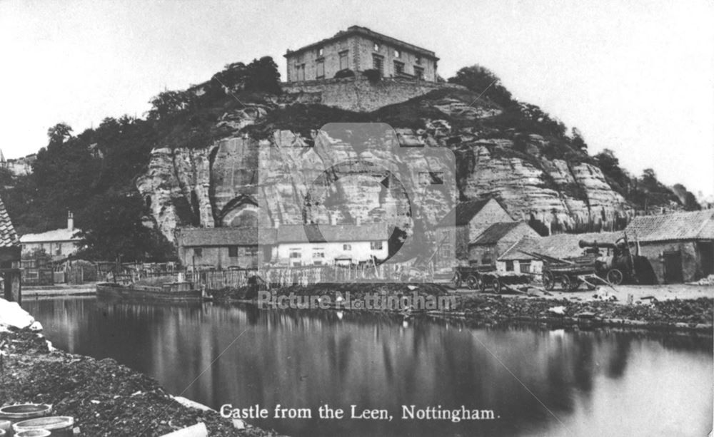 Nottingham Castle before restoration, showing The River Leen c1865