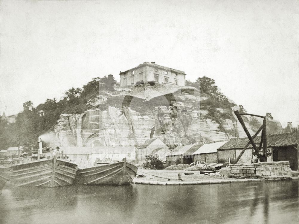 Nottingham Castle before restoration, showing The River Leen c1865