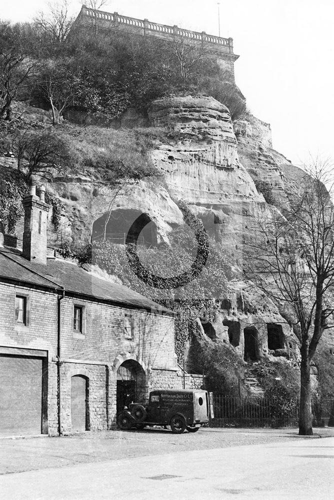 Nottingham Castle from Brewhouse Yard showing caves, c 1930