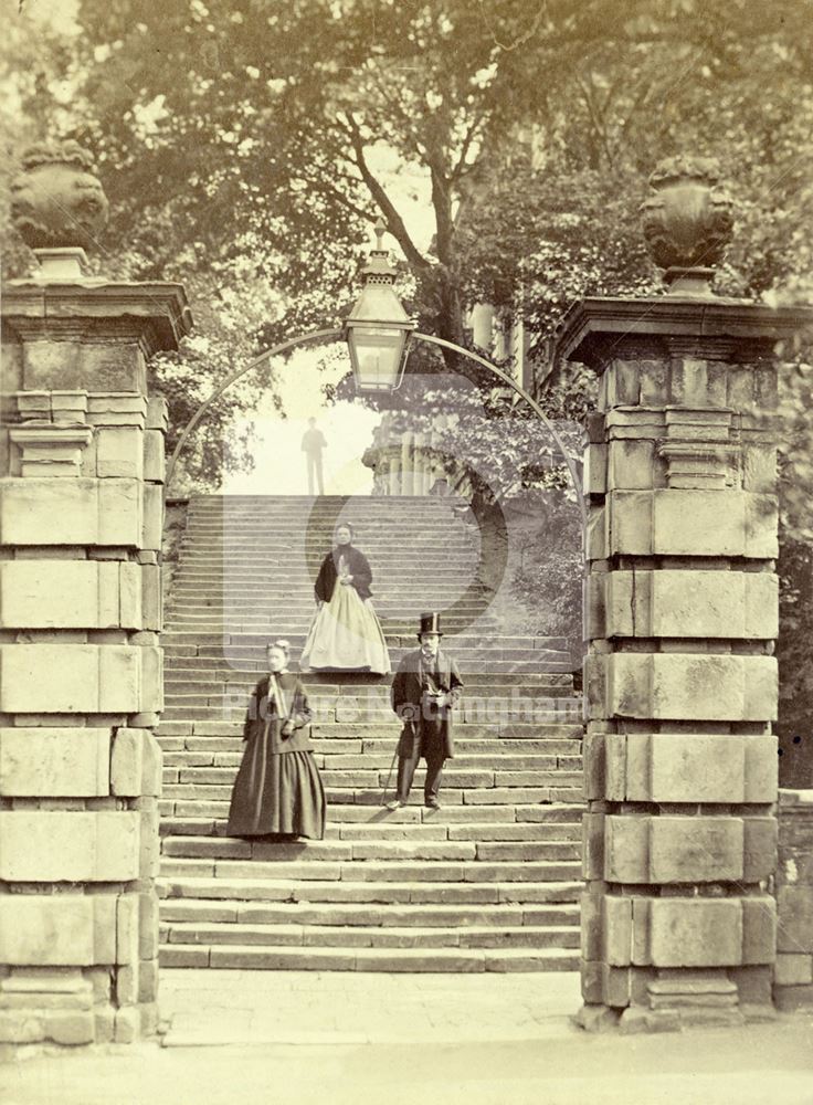 Nottingham Castle before restoration, showing architectural detail of the steps and pillars at the e