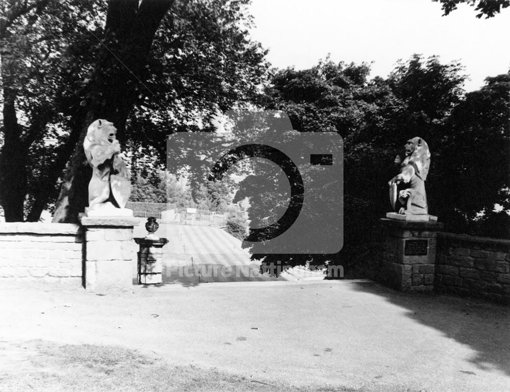 Nottingham Castle, showing architectural detail of the steps and pillars on the eastern terrace, 197