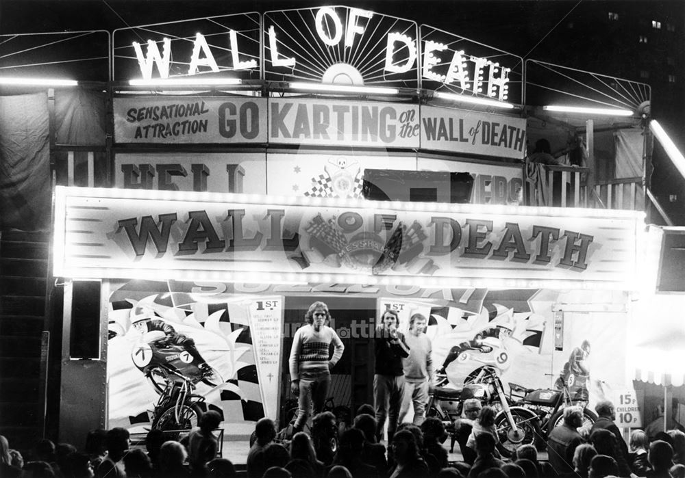 The 'Wall of Death', motorbike side show, Goose Fair, Forest, 1973