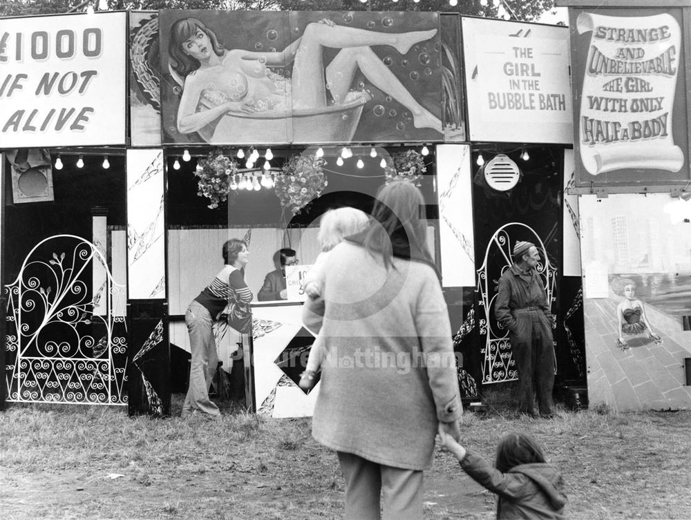 The 'Girl in the Bubble bath', and 'Girl with Half a Body' side show, Goose Fair, Forest, 1973