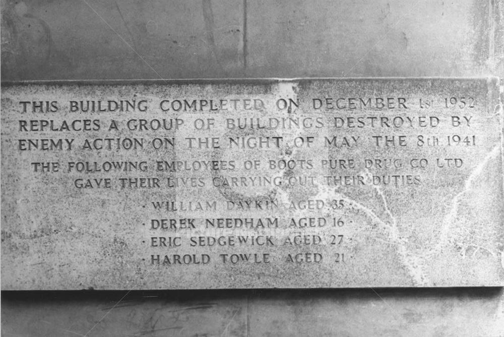 Commemorative Plaque on Boots the Chemist's building, 1975