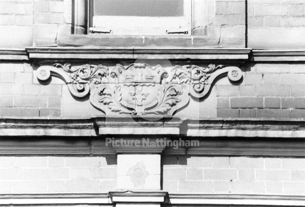 Victoria Baths - detail showing the Borough coat of arms in stone set into the brickwork