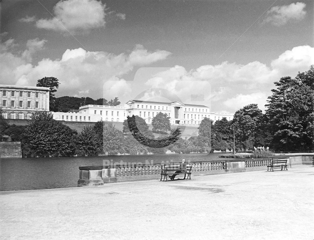 The Portland Building from Highfields park and lake- University of Nottingham