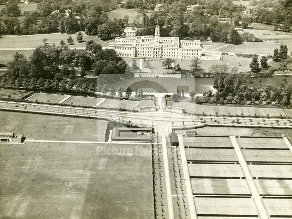 Aerial view of the University of Nottingham Trent Building and Highfields park