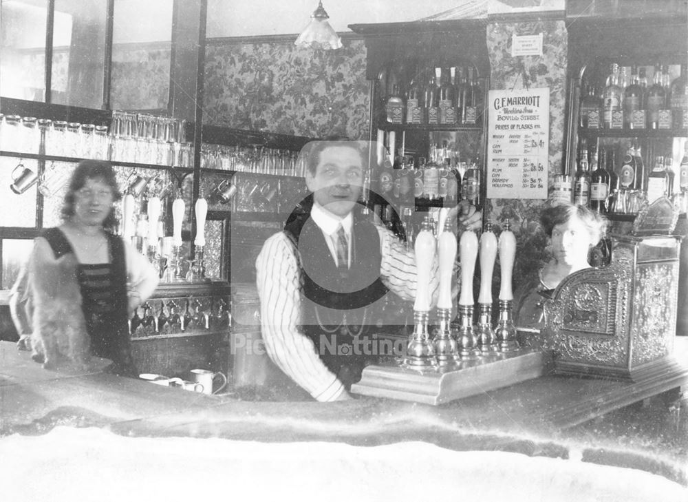 Moulders Arms - Interior view of Bar and Staff (with cat on the counter)