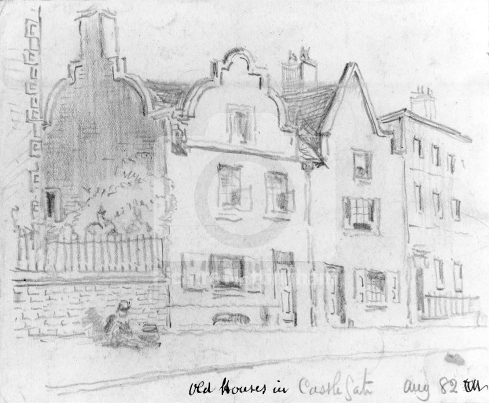 Sketch of old houses in Castle Gate, 1882