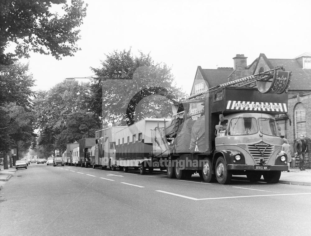 Fairground vehicles arriving for the Goose Fair, Forest, Nottingham, 1973