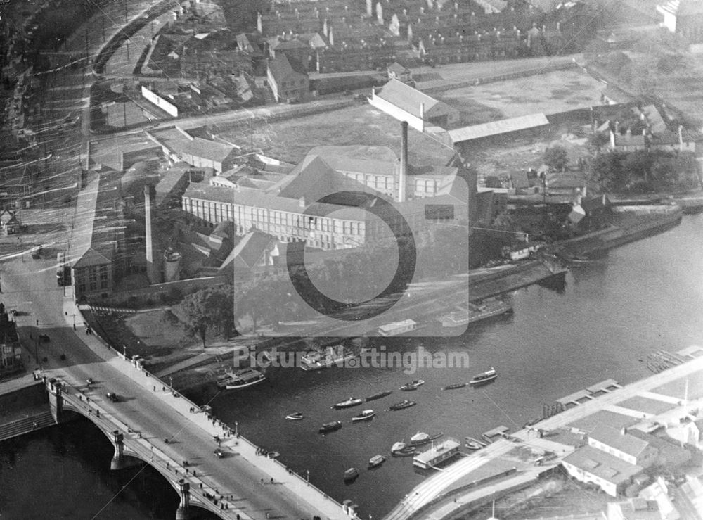 Aerial view of the Trent Bridge area, looking towards Turney's Leather Works and London Road