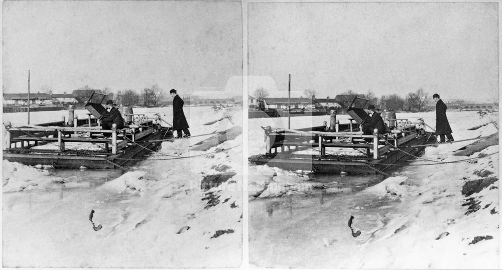 Stereoscope image of a Ferry on the frozen River Trent