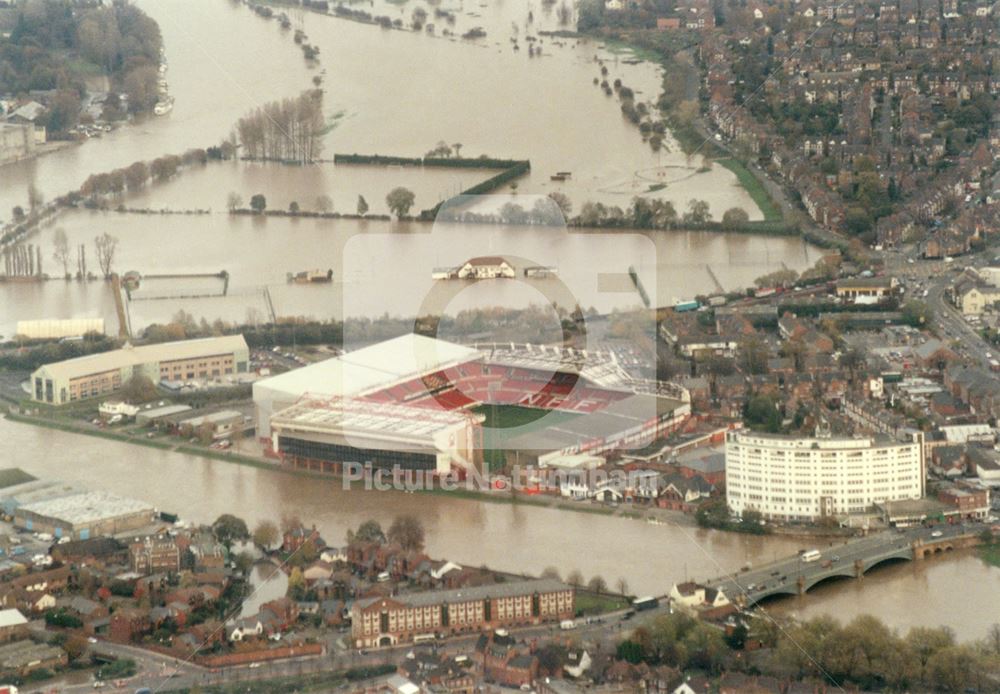 Aerial view of the Flooded River Trent at Trent Bridge