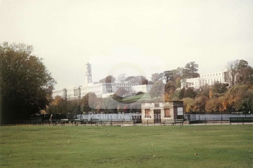 The Trent and Portland Buildings from Highfields park and lake - University of Nottingham