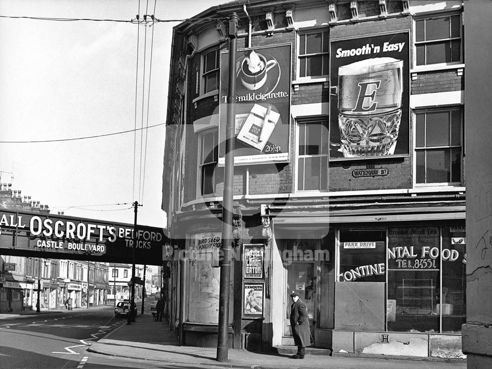 Arkwright Street Railway Bridge and derelict shops at the junction with Waterway Street