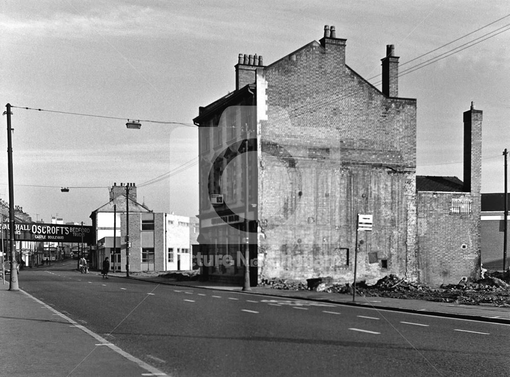 Arkwright Street Railway Bridge and old and new Midland Banks at the junction with Waterway Street