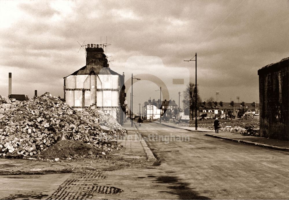 Kirke White Street East looking towards Arkwright Street (with former railway bridge abutment on the