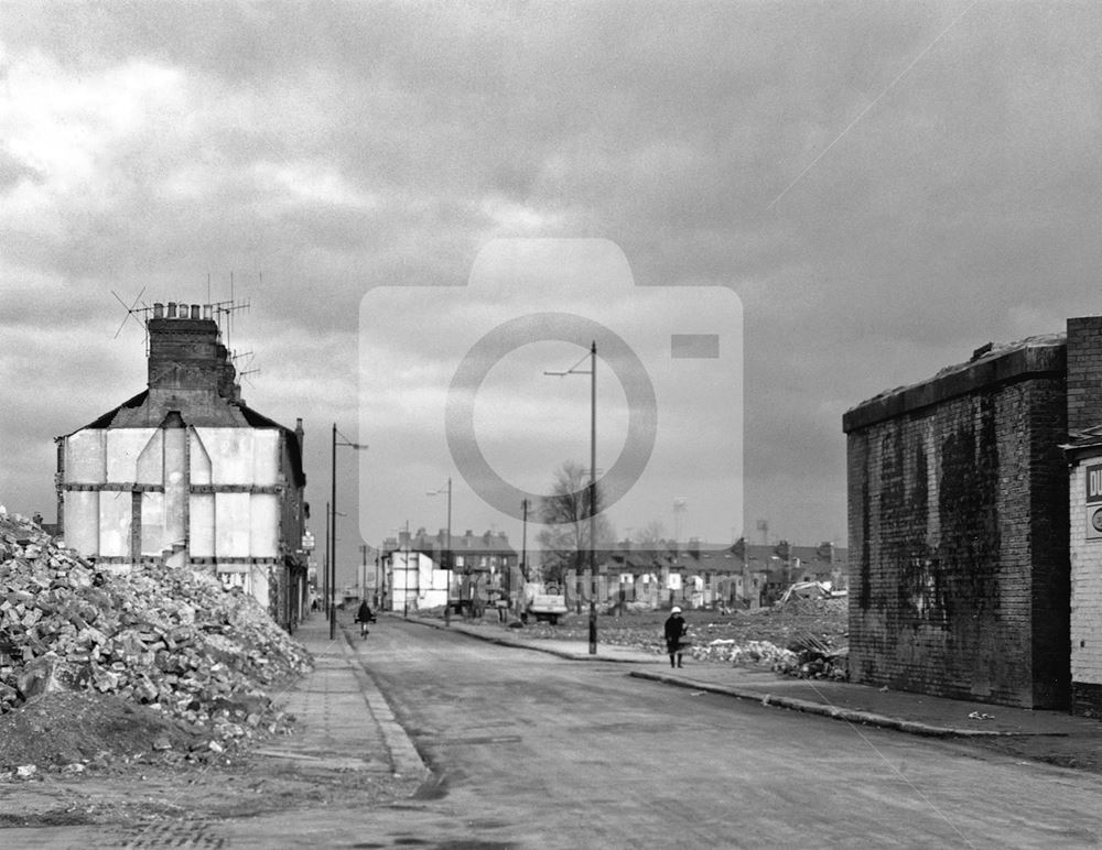 Kirke White Street East looking towards Arkwright Street (with former railway bridge abutment on the