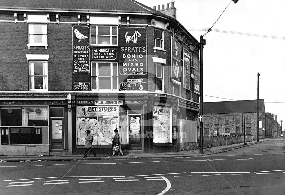 The former location of Arkwright Street Post Office and Walter Medcalf's shop at the junction with W