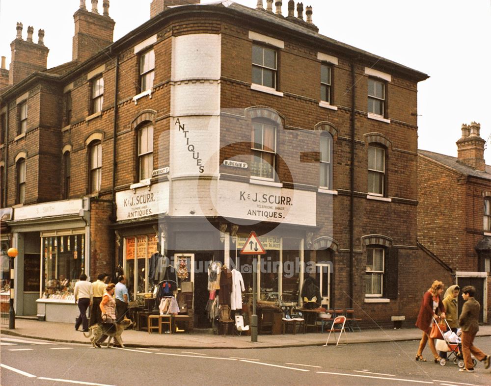 K and J Scurrs 'Antique' (second-hand) shop at the Arkwright Street - Muskham Street junction