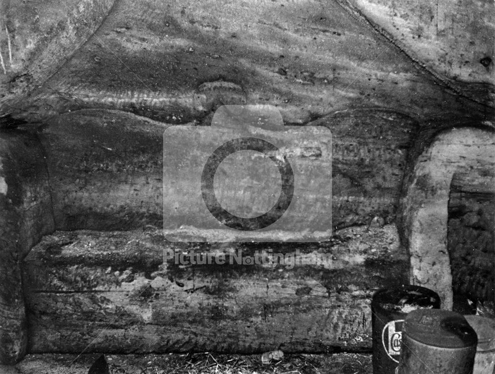 Carved stone bench in a cave-grotto, Fishpond Drive, The Park