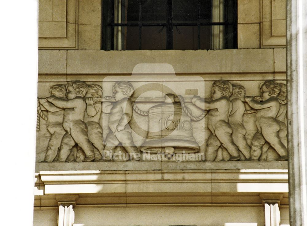 Council House - architectural detail of the 'trades' frieze behind the front columns - 'Bell foundin