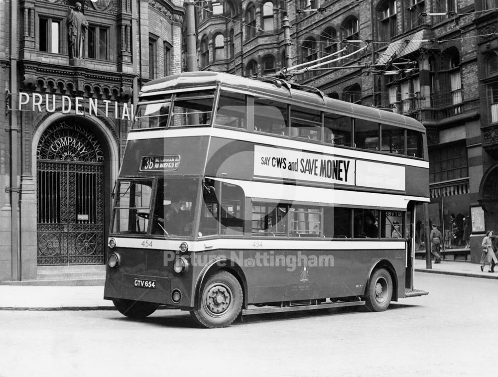 Nottingham Corporation Trolley bus in front of the Prudential Assurance Building