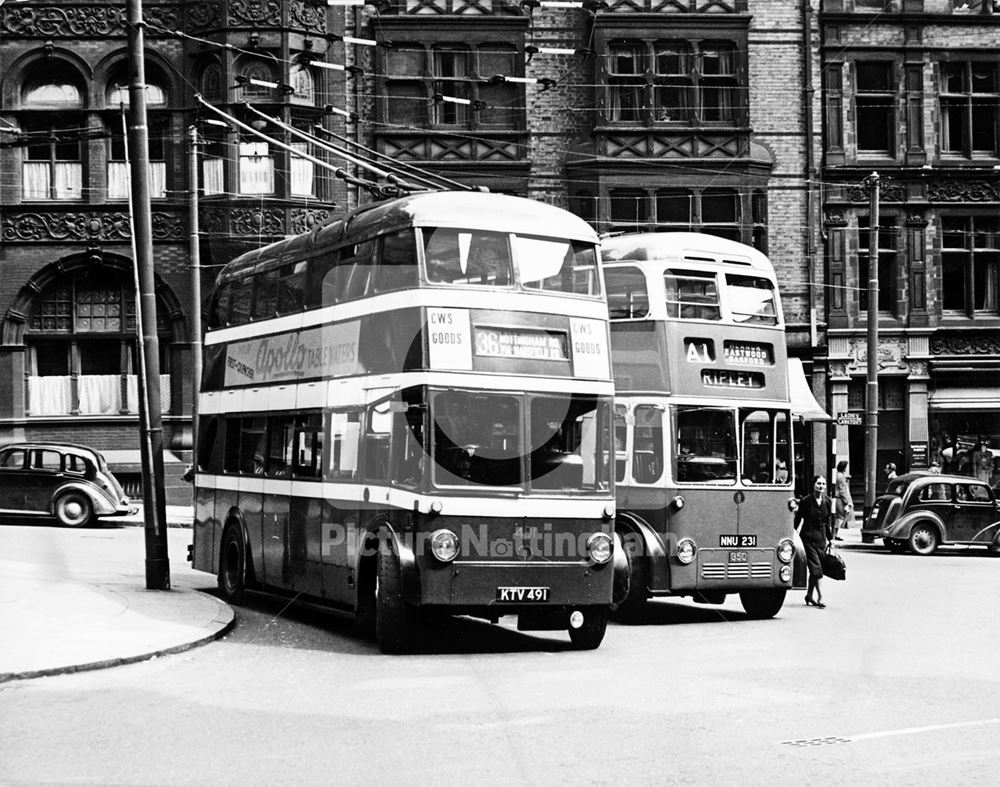 Nottingham Corporation and Ripley trolley buses, King Street, Nottingham, c 1952