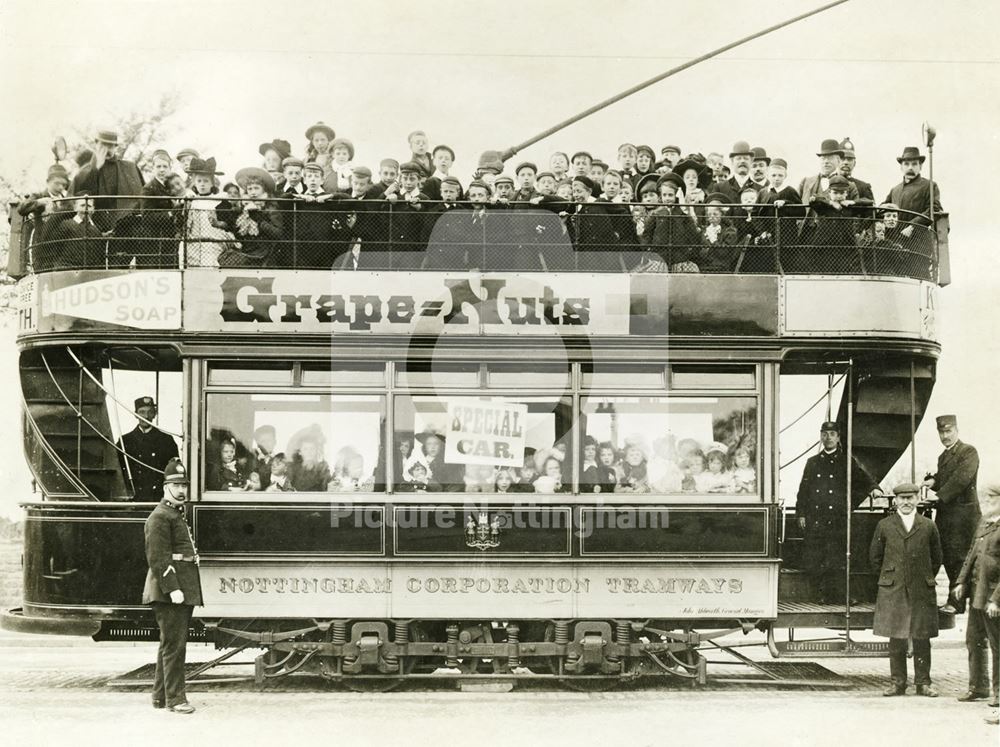 Open topped electric tram on a special trip - Pearson's Fresh Air Fund outing for poor children