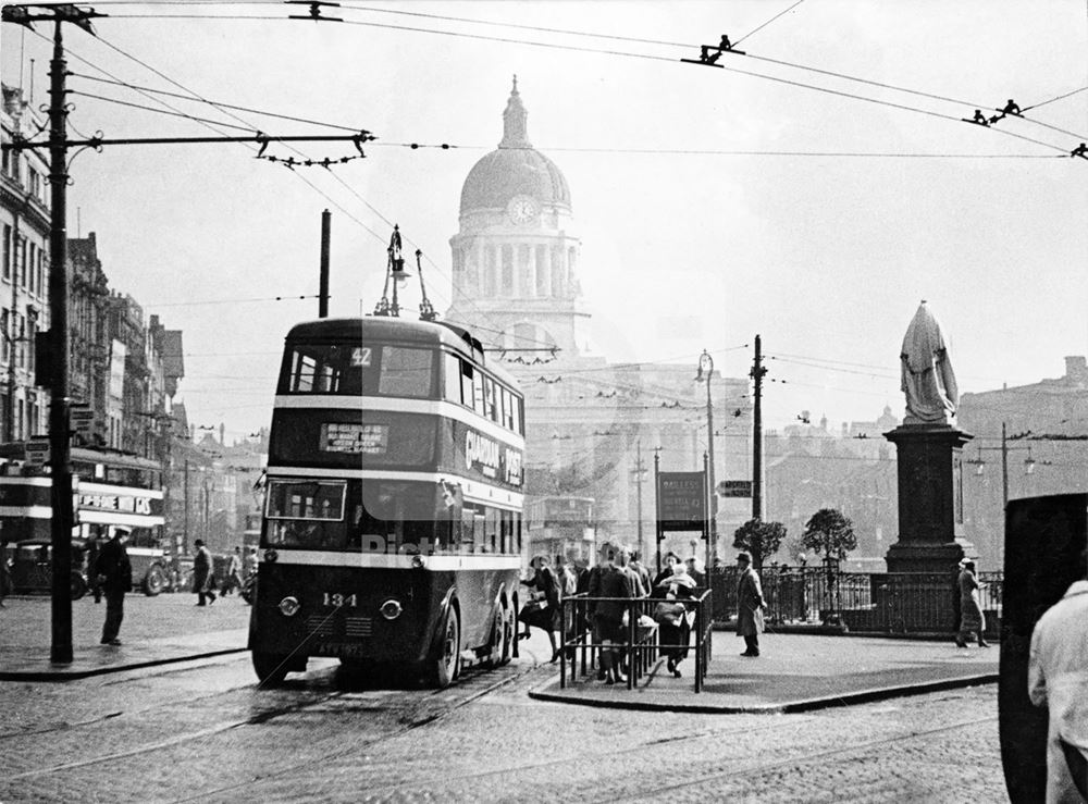 Nottingham Corporation trolley bus by the statue of Queen Victoria on the Market Place