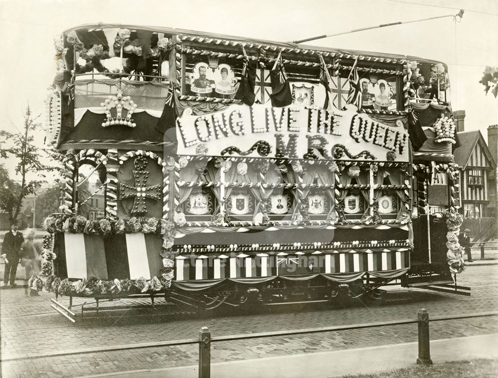 A decorated Nottingham Corporation tram for the Coronation celebrations of George V and Queen Mary