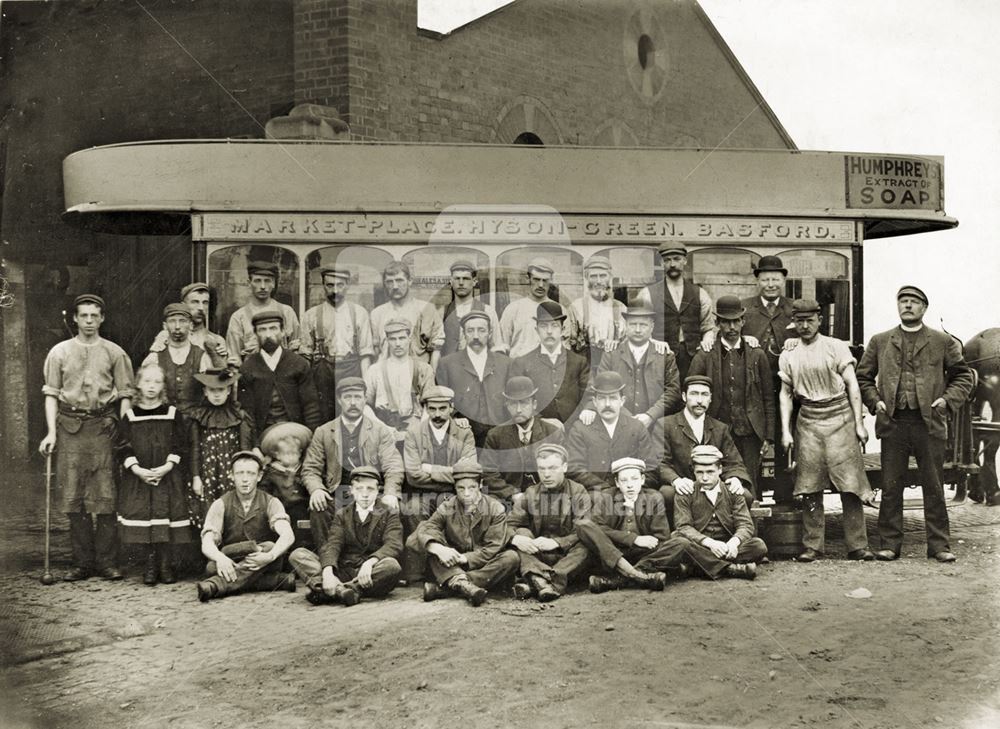 Horse tram, maintainance workers, grooms and cock horse lads at Basford stables