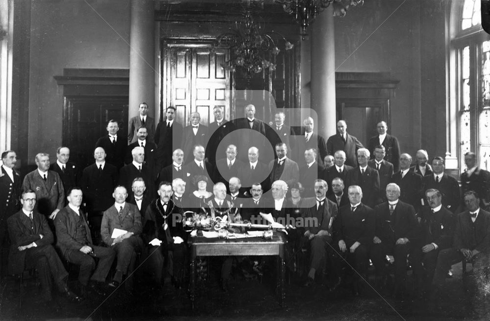 Last Council meeting in the Old Exchange before it was demolished, Market Place, Nottingham, 1926