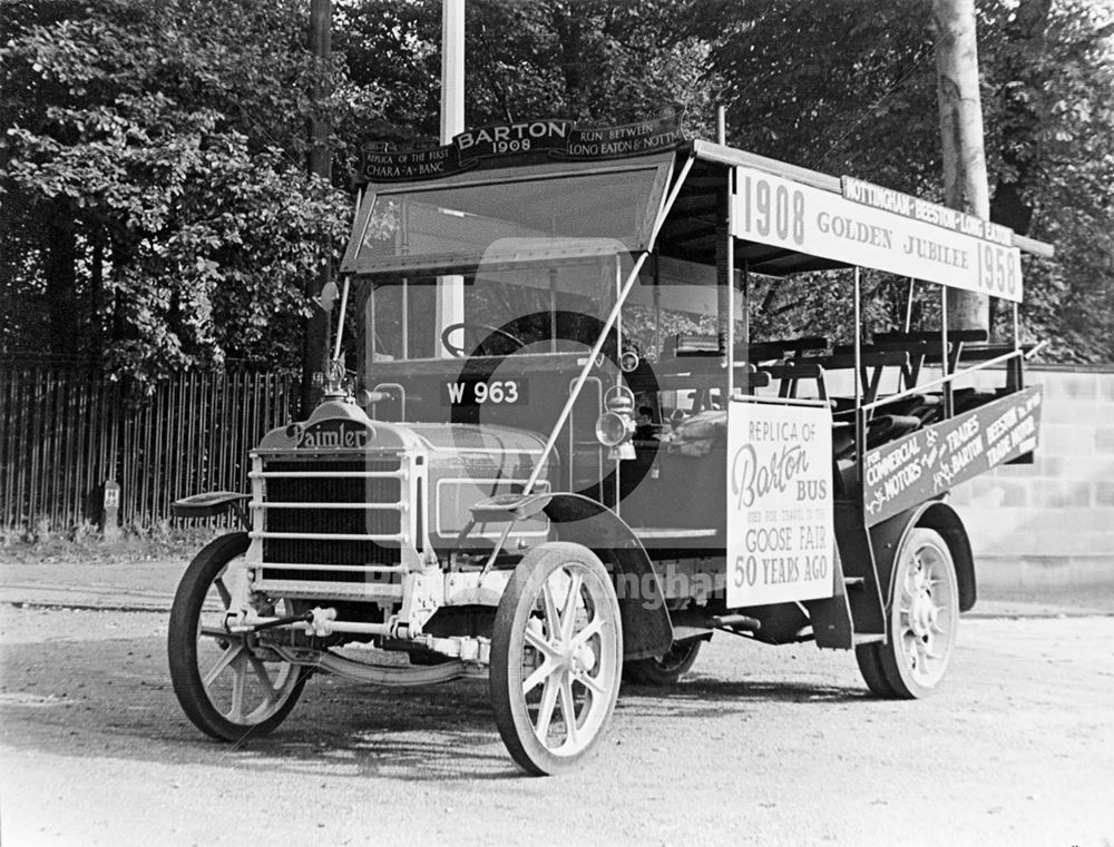 Replica of one of Barton's first buses; W 963 a 1908 Daimler Benz, first used on a route from Long E