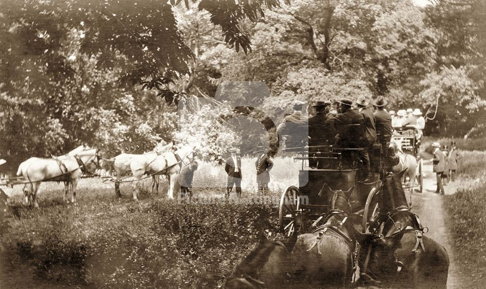 A group of Nottingham people on an outing by horse brake at an unknown location