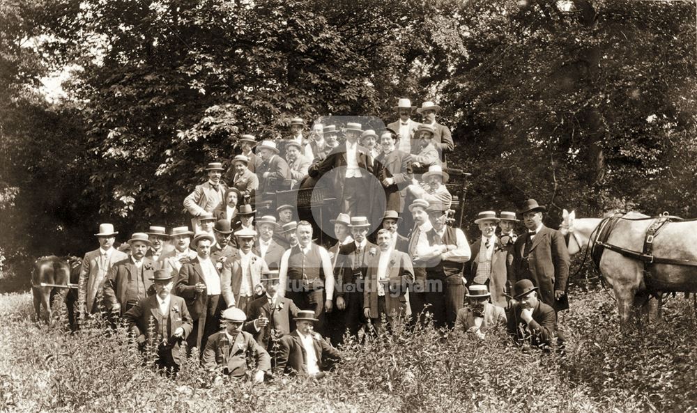 A group of Nottingham people on an outing by horse brake at an unknown location