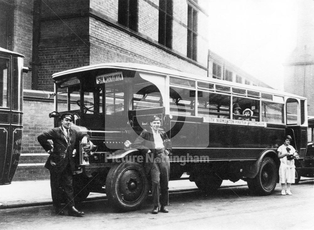 Motor bus, driver and conductor, on the South Normanton, Pinxton to Nottingham Route