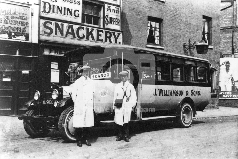 J Williamson and Son's motor bus, driver and conductor, on the Heanor Route