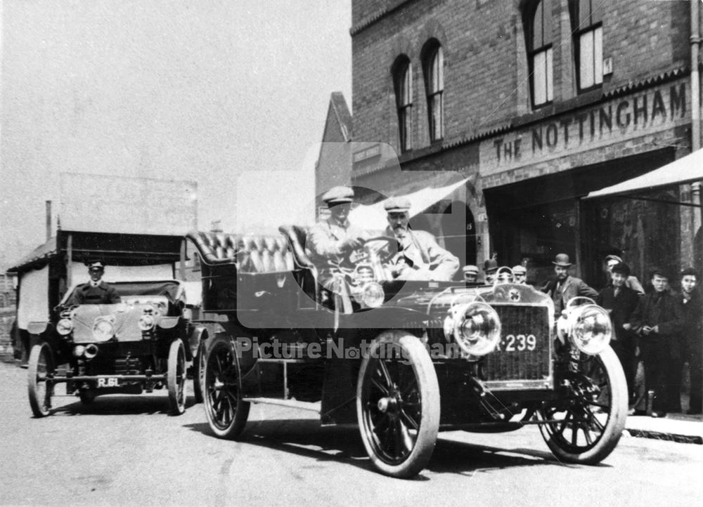 Motor Cars and drivers outside A R Atkey's Garage