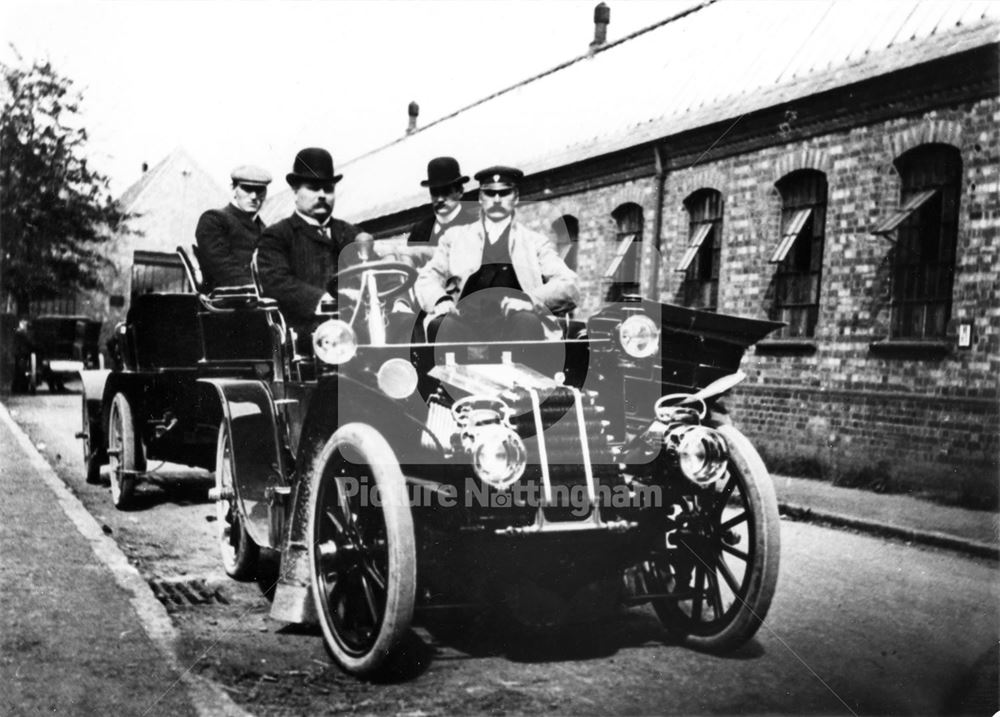 Motor car and passengers outside Humber Ltd's works, Beeston