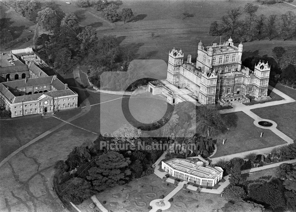 Wollaton Hall, aerial view showing Hall, stables and camellia house