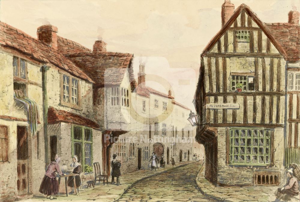 'St Peter's Gate and St Peter's Church Side, Old Nottingham' c1850